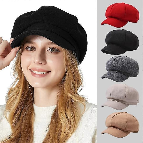 Oktogonal ullhatt beret høst vinter ull vintage baker boy-hatt mote Black