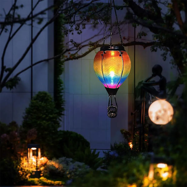 Varmtluftballong solcellelys, utendørs jern glass lysekrone, hage dekorative lys, IP55, LED solcellelysekroner, LED solcellelys