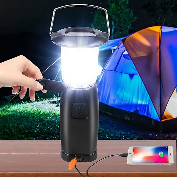 Solcelledrevet Campinglampe LED Camping Crank Lampe | USB Genopladelig Bærbar Lampe | Dynamo Lampe | Powerbank | 3 Lysstyrkemodusser