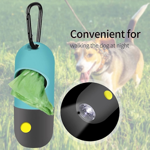 2-pack Hundbajspåsehållare med Inbyggd LED-ficklampa, Avfallspåsehållare för Koppel med Karabinkrok för Koppel, 2 Rullar Läcksäkra Hundbajspåsar