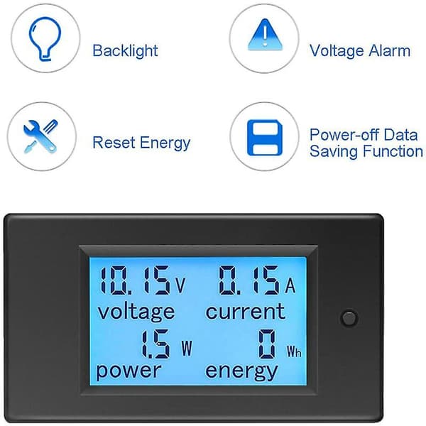 MSBD Voltmeter Ammeter 12V DC 6.5-100V 20A, Spenningsmåler Wattmeter Tester Spenning Strøm Effekt Energi Digital LCD Energimåler DC20A