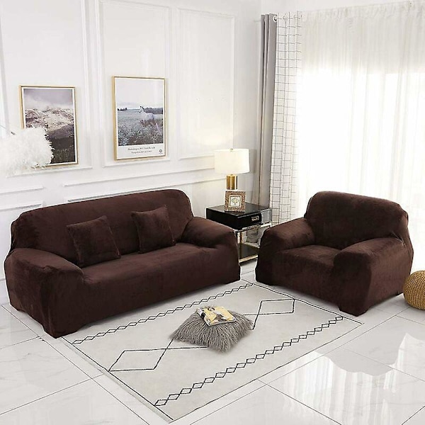 2-seters sofaovertrekk i ensfarget fløyel, beskyttende overtrekk, lett å montere, stretchstoff, maskinvaskbart sofaovertrekk, 2-seters: 145-185 cm, brun