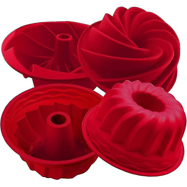 Silikonbakformar 2-pack, räfflad rund kakform, non-stick kakform för gelé, sockerkaka, gelatin, bröd, rörform bakform röd