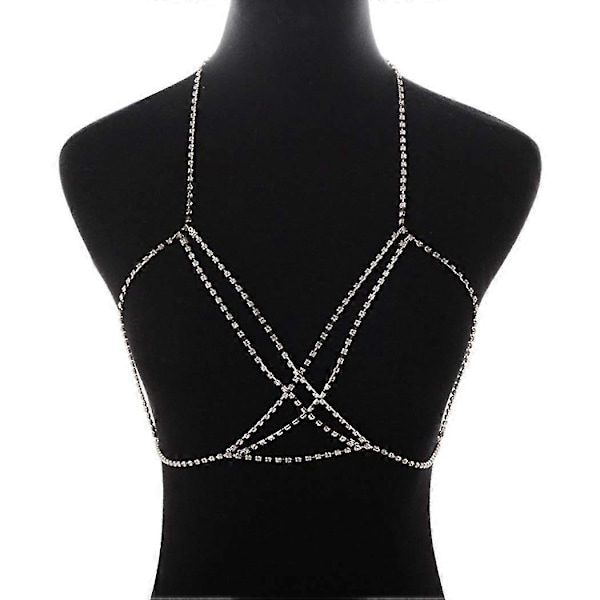 kroppskedja i kristall, bikini kroppskedjor nattklubb bröstkedja mode kroppsmycken för kvinnor och flickor (silver)