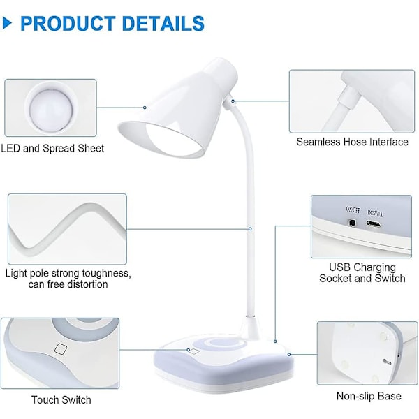 LED-skrivbordslampa, USB-laddningsbar bordslampa med 3 nivåer ljusstyrka, touchsensorstyrning, present
