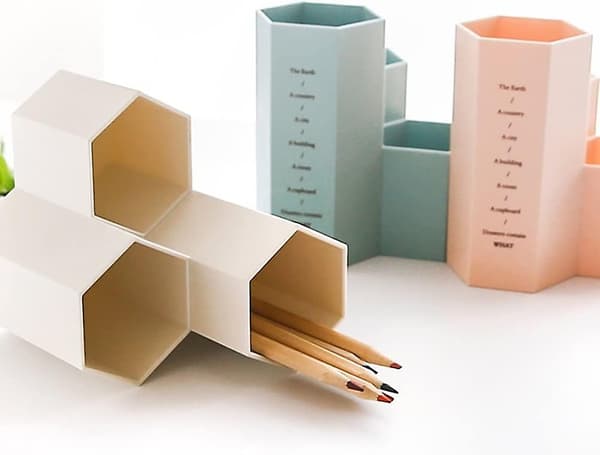 Hexagonal Plast Pennlåda Förvaringslåda Skrivbordsborstförvaringslåda 12 X 6,3 Cm Beige