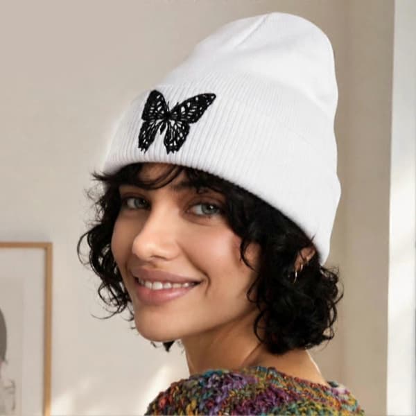 Broderad stickad mössa - Ribbstickad mudd unisex daglig passform flexibel komfort Black