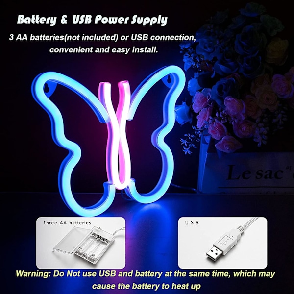Almi Butterfly Neon Skyltar Ljus För Sovrumsvägg Dekor. Usb Eller Batteri Led Neon Nattljus Present