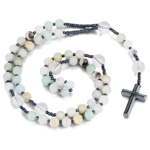 Amazonit Sten Kristall Glaspärlor Rosenkrans Halsband Hematit Kors Hänge Halsband Kvinnor Män Katolsk Meditation Mala Smycken