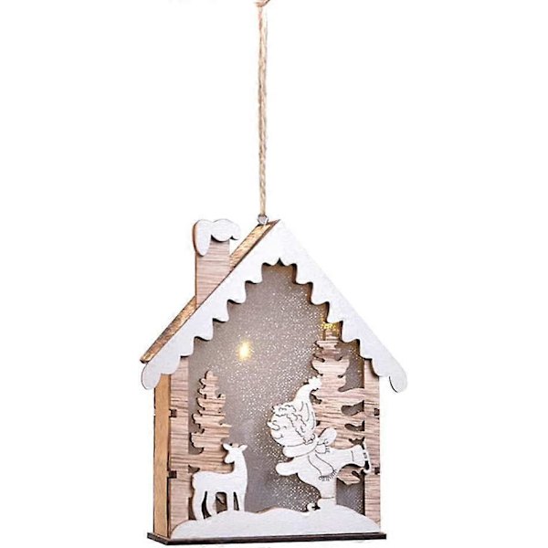 Julhängande Ornament Ljusupplyst Blinkande Liten Jul Vinter Trästuga Byhus Hängsmycke Semester Eldstad Showcase Dekoration för Barn