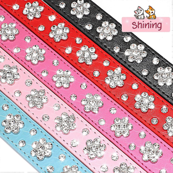 Söt PU-läderhundhalsband - Rhinestone-blommönster med nitar - 1 tum bredd passar små och medelstora hundar Rosa S:11-13\"