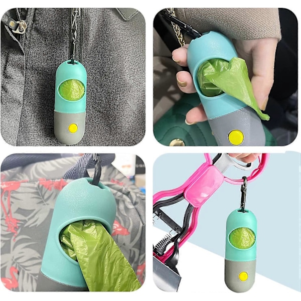 2-pack Hundbajspåsehållare med Inbyggd LED-ficklampa, Avfallspåsehållare för Koppel med Karabinkrok för Koppel, 2 Rullar Läcksäkra Hundbajspåsar