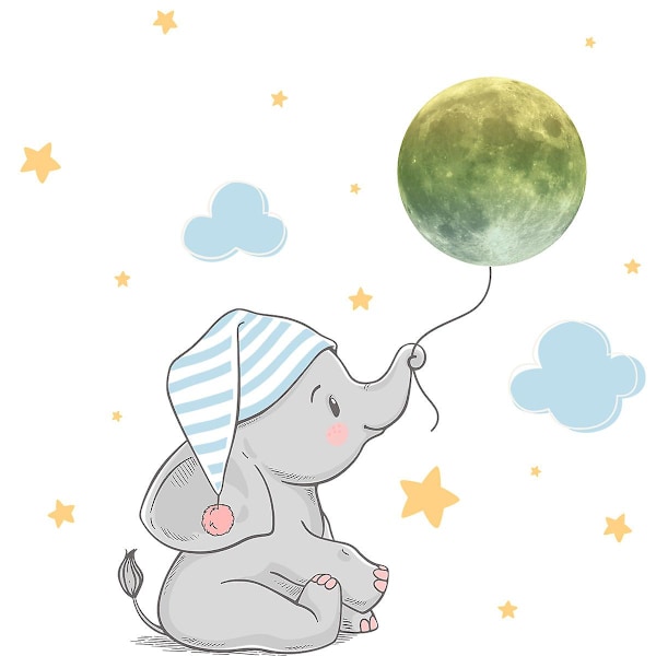 Dww-Baby Elephant Moon Star Luminous Wall Sticker, Creative Fluorescent Wall Sticker, Bedroom Decorative Sticker, Self-Adhesive Art