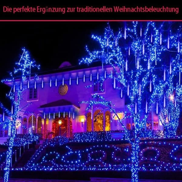 Vanntette LED-julelys, 10 rør, meteorsky-effekt, utendørsdekorasjon, Halloween, juletre, blå