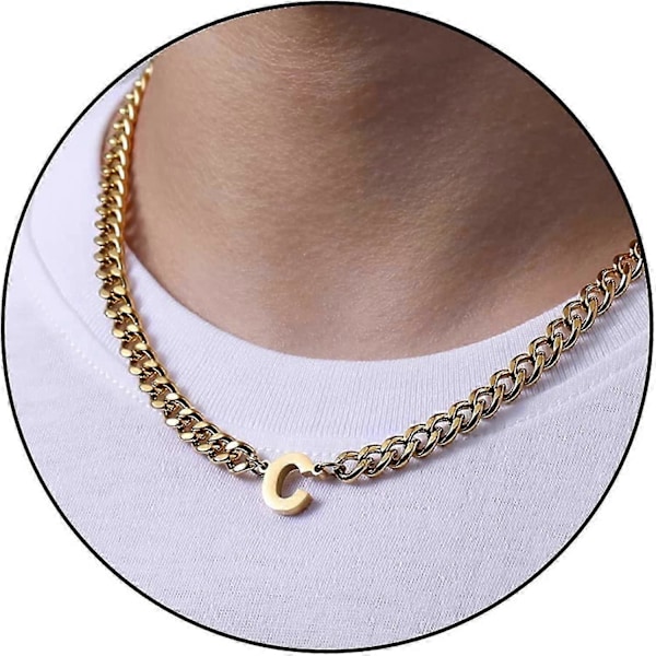 Initial A-z Kubansk Kedja Halsband För Pojkar Män Kvinnor Bokstav Hänge Rostfritt Stål 6.5mm 18+2 Tum Smyckesgåva-Bra (Guld, C)