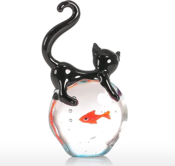 Glasskulptur i katt- och guldfiskefiskargubbeobjekt