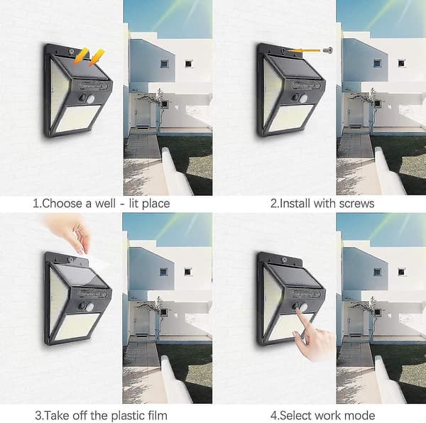 2-pak solcellelamper, 3 arbeidsmoduser, trådløs solcellevegglampe for hage, gjerde, terrasse (144 lys)