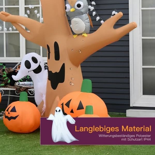 240 cm oppblåsbart lysende Halloween-spøkelsestre med 3 gresskar, spøkelse og ugle - Halloween-dekorasjon