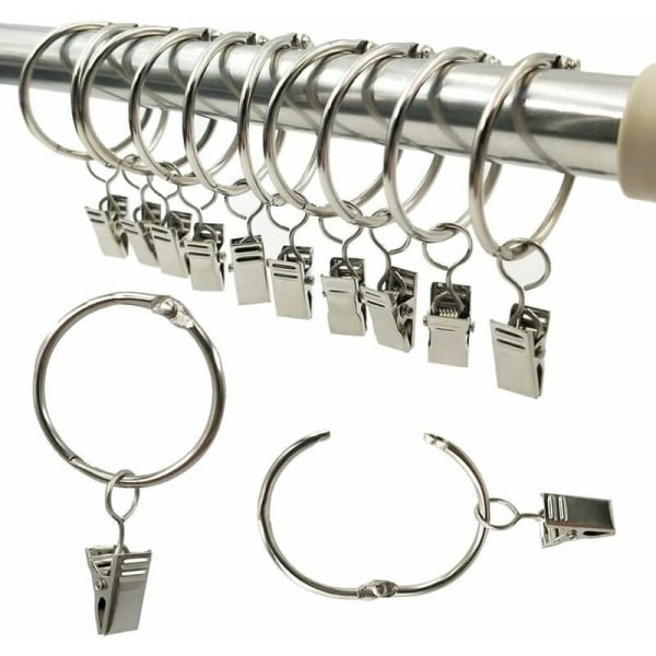 Gardinringe, gardinringe med clips, dekorative metal gardin clips kroge sæt, sølv indvendig diameter, rustfri, let at åbne clips ringe, 20 stk.