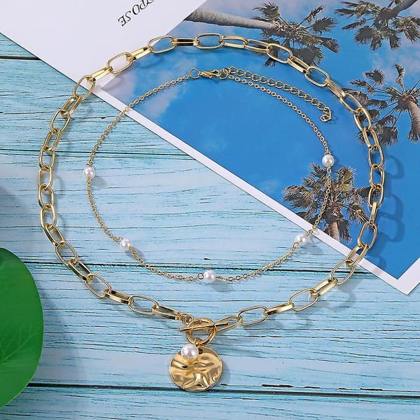 2 stk./sæt Bohemian Ladies Multi-layer Temperament Sexy Gentle Pearl Folded Disc Design Sense Bead Chain Halskæde