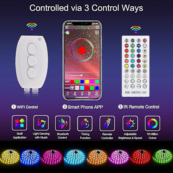 2024 Bluetooth LED-stripe 10m Vanntett LED-stripe med fjernkontroll og app-kontroll