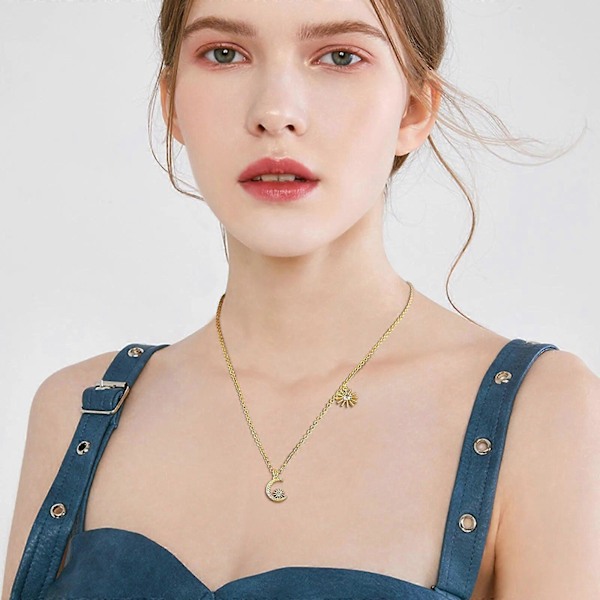 Månhalsband för kvinnor, Bling AAA CZ Sten Stjärna Solberlock Halsband, Guld Färg Hänge, Chic Fint Flickhalsband