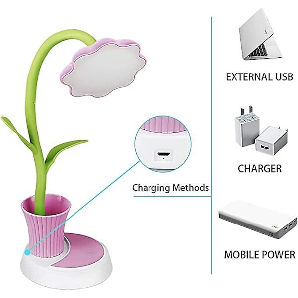 Dww-(Pink) Børnebordlampe, USB Genopladelig Bordlampe, Sengelampe til Kontor Soveværelse