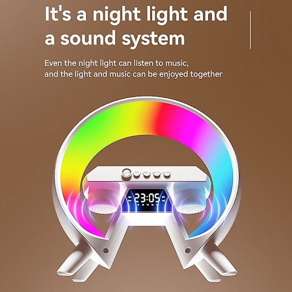 Multifunksjonell klokke Bluetooth-høyttaler lite nattlys med trådløs lader soverom atmosfærelys