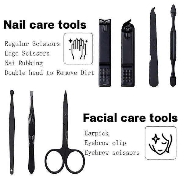 Manikyrset Nagelklippare Set Rostfritt Stål Professionell Pedikyr Svart 7 i 1 Skötselset Nagelsax Klippare Öronpincett Tång Sax Ögonbryn