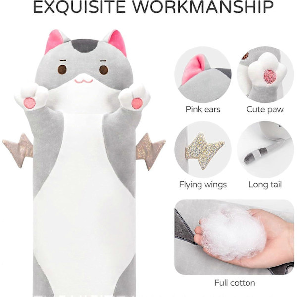 Lång Katt Plysch Kroppskudde, 20 Söta Katt Plyschdjur Mjuka Plushies, Kattunge Plysch Kastkudde Dockleksak Present till Flickvän -grå