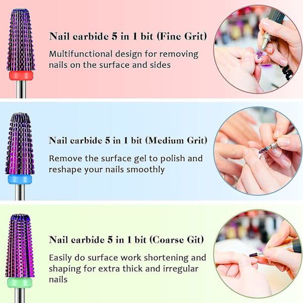 3 stycken nagelkarbid 5 i 1 bitar, nagelborrbitar set - 2-vägs rotation användning för både vänster- och högerhänta, 3/32 tum skaftstorlek