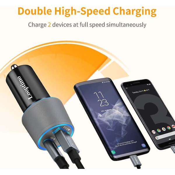 Snabb USB C billaddare, 30w power och Quick Charge 3.0 biladapter med Quick Charge C-kabel 3,3 fot (grå)