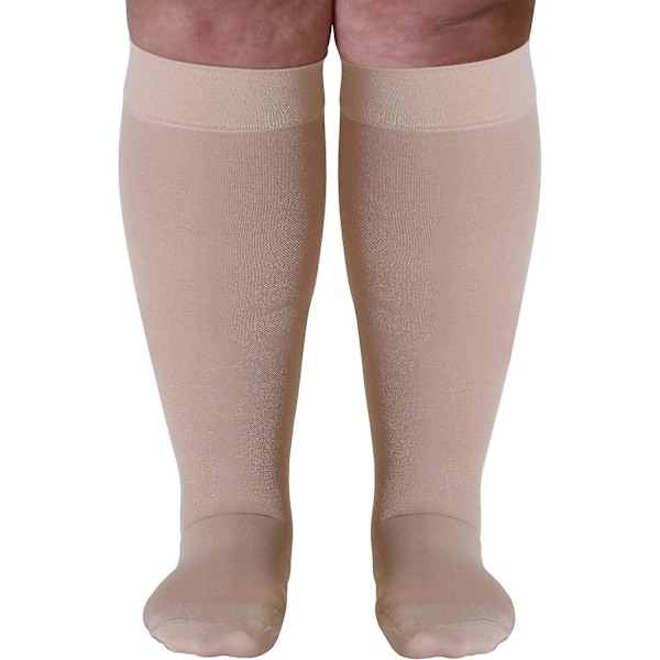 Kompresjonsstrømper - Plus Size - 20-30 mmHg - Unisex - Ekstra bred legg - Kne-høye - Ugjennomsiktig, lukket tå - Beige/3X-Large