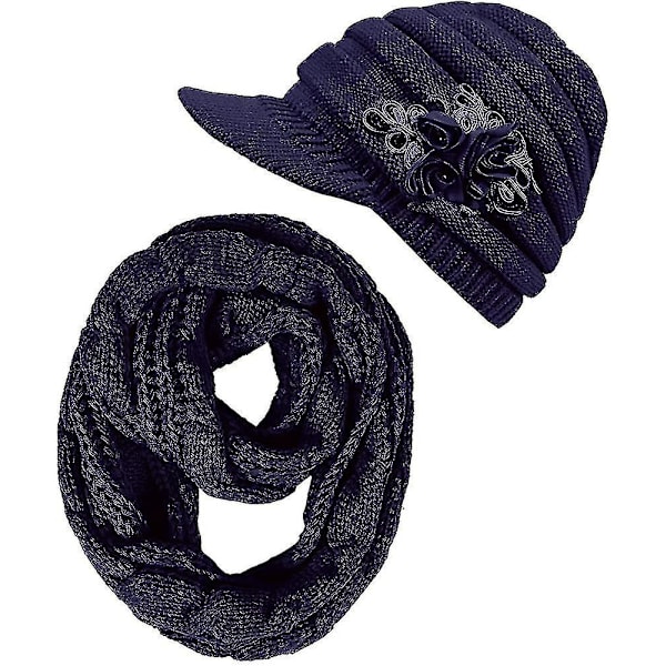 Dammössa Halsduk Set Vinter Varma Tjocka Stickade Slouchy Skull Cap Infinity