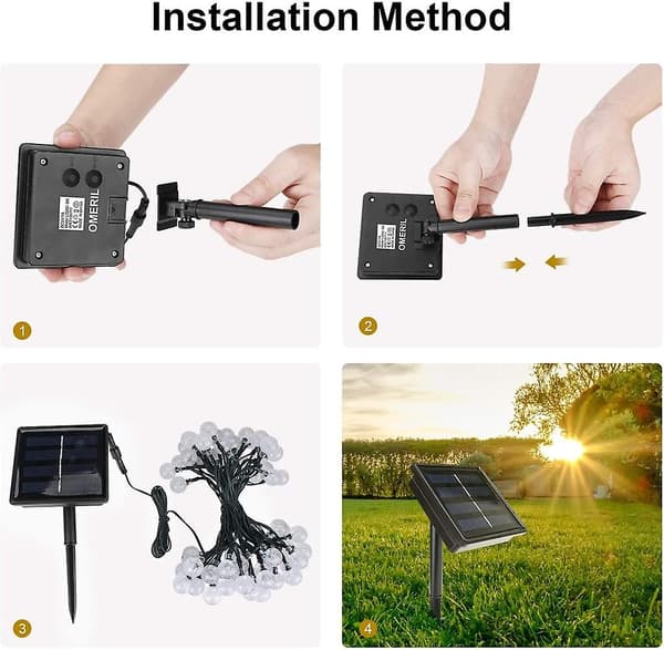 Solcelledrevne fe-lys utendørs, 50 LED krystallkuler 8 meter sol kobbertråd fe-lys, 8 moduser vanntett solcelledrevne fe-lys