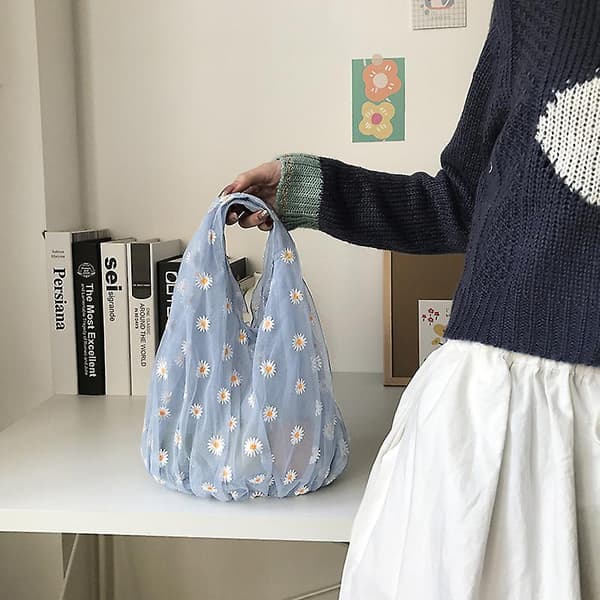 Vår Kvinnor Liten Tote Mesh Tygväska, Daisy Broderi Handväska