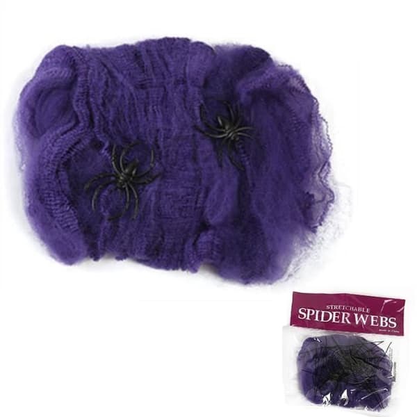 Halloween Stræk Edderkoppespind - WINLLINEE - 100g - 10 Edderkopper - Lilla - Sort - Vægdekoration