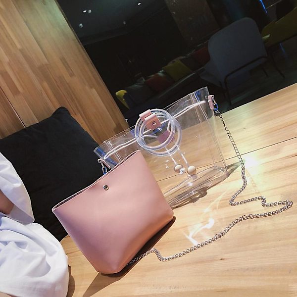 Snygg och elegant vattentät genomskinlig tote-väska för strand, axelremsväska, handväska, rosa