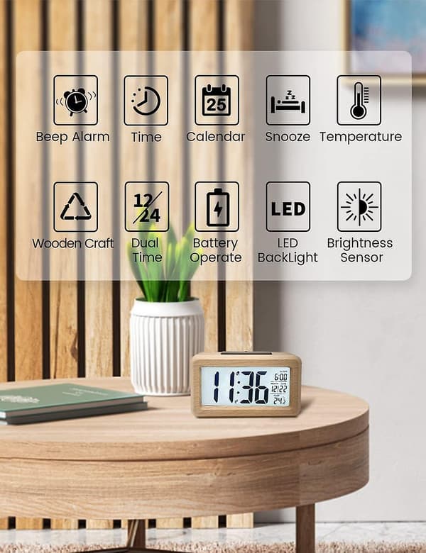 Digital väckarklocka, träbordsur med stor LCD-bakgrundsbelyst display, drivs av 3 AAA-batterier [batterier ingår ej]