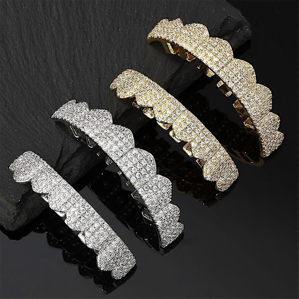 Micro Pave Iced Out CZ Tandgrillar för Män Kvinnor Hip Hop Smycken Cubic Zirconia Geometrisk Mode Cosplay (Guld Överdel)