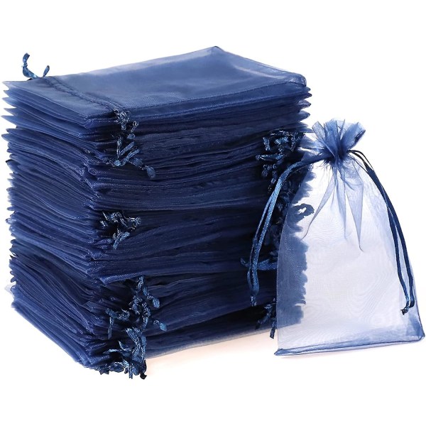 100 stk Organza gaveposer. 4x6\" Bryllupsgaver Gaveposer med snøring. Marineblått nett