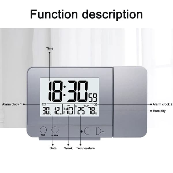 Digital Tak- och Väggprojektionsväckarklocka, USB-laddning, 180° Projektor, Snooze, Dubbla Alarm för Tunga Sovare