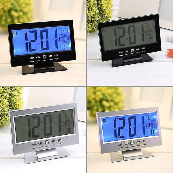 Stemmestyret baggrundsbelyst LCD-vækkeur, vejrskærm, kalender