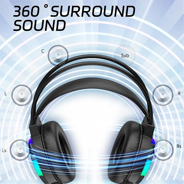 Gaming Headset 7.1 Stereo Surround Bass Headset Datamaskin Spillkonsoll med Mikrofon RGB Headset（Svart）