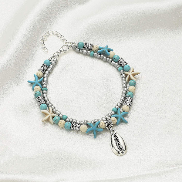 Blå sköldpaddsankelband för kvinnor flickor flerskikts pärlor handgjorda strandankelband set boho fot smycken sjöstjärna anklet