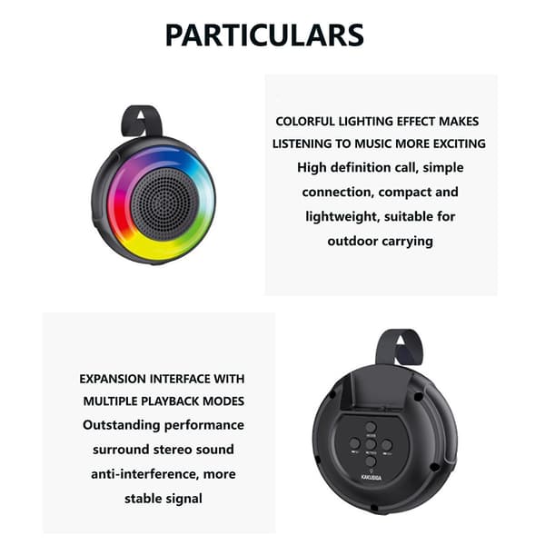 Bærbar Bluetooth-højttaler med mini-bas, udendørs farverige lys, bilkortindsættelse, gave (sort)