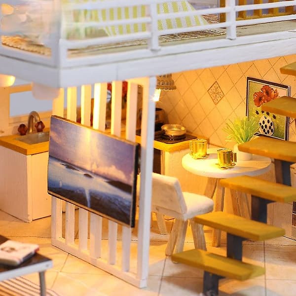 DIY dockhus miniatyr med möbler, barns trä pedagogiska leksaker manuell montering modell leksak