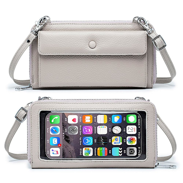 Äkta läder transparent touch screen mobil plånbok crossbody väska mini tote väska för kvinnor, grå