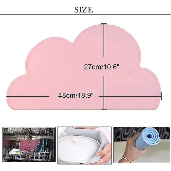 2 stycken (rosa + blå) bordstabletter i silikon för barn, halkfria, vattentäta, tvättbara, söta molnformade bordsunderlägg för toddler