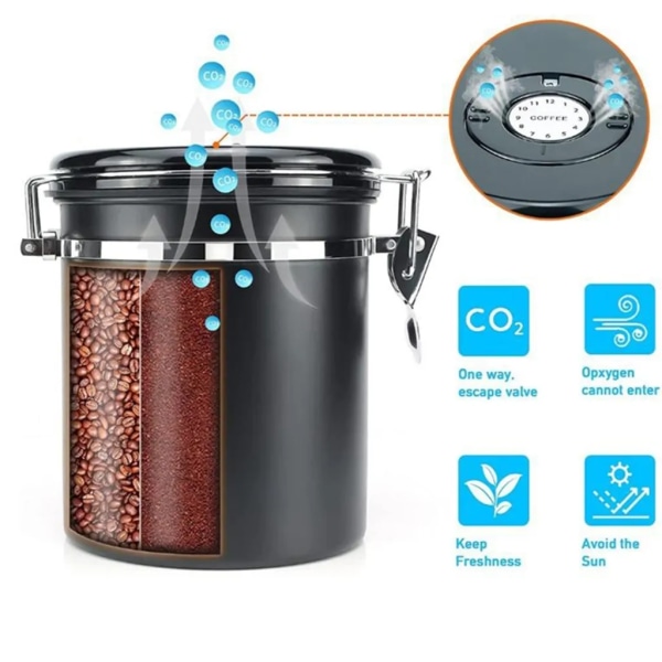 Kaffeburk lufttät burk rostfritt stål förvaringsbehållare för kaffebönor 1,5 l med sked och utlösningsventil för kaffete, svart
